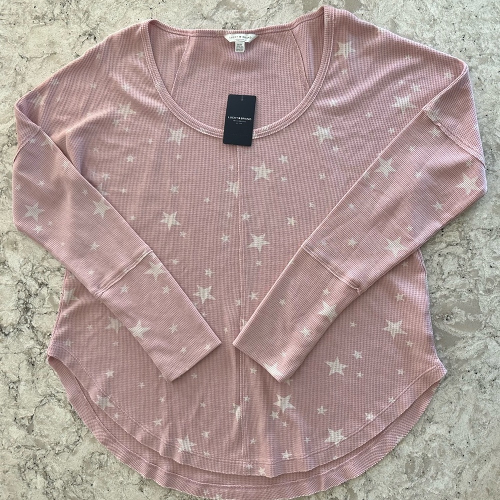 Lucky Brand Pink With White Star Print Women's Top size M … NWT